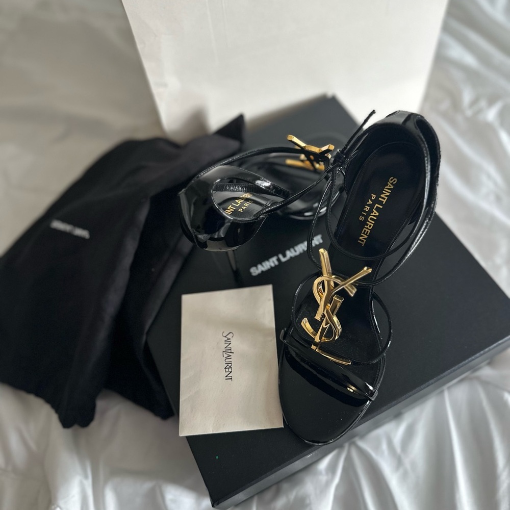 Saint Laurent Cassandra heel Black Pat Leather Gold Monogram –Size 38.5Brand New
